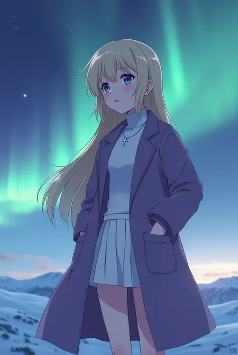 Adult Italian girl,  with long hair,  straight and light blonde ,  purplish blue eyes ,  white skin and reddish lips,   similar to Isaku Senagaki ,   wearing a long purple coat , in oversize style ,  with a simple and minimalist design ,  wearing a tight w...