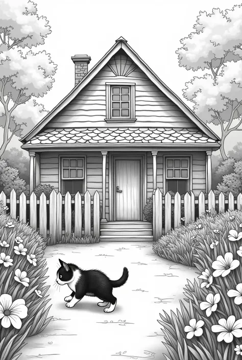 garden house with beautiful garden, flowers, fence, a kitten, black and white, line art