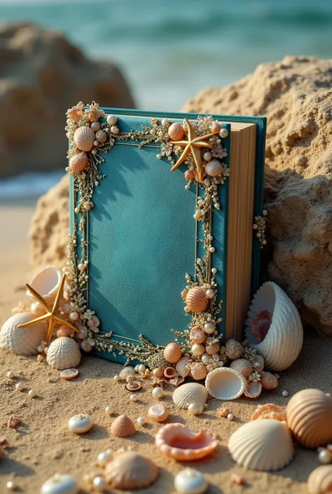  a book enclosed in sand , The book is very beautiful and is decorated with shells, pearls and etc. ,  is a book about mermaids 