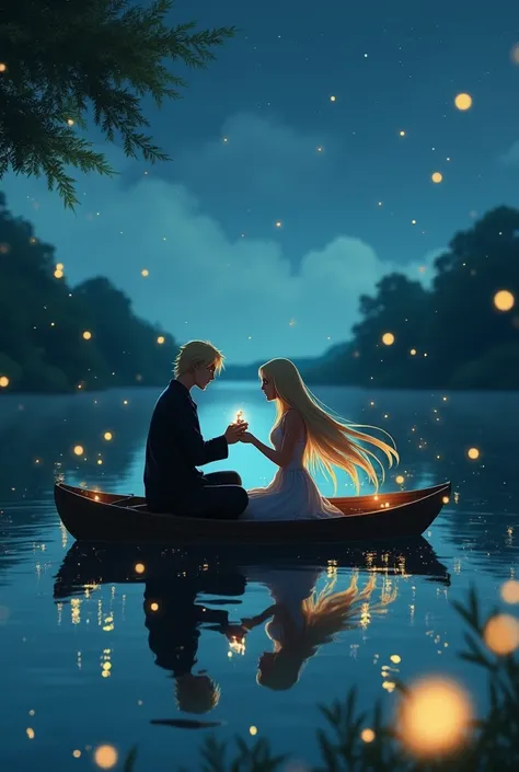 Deidara demande en mariage une femme dans une barque sur un lac, Firefly around them