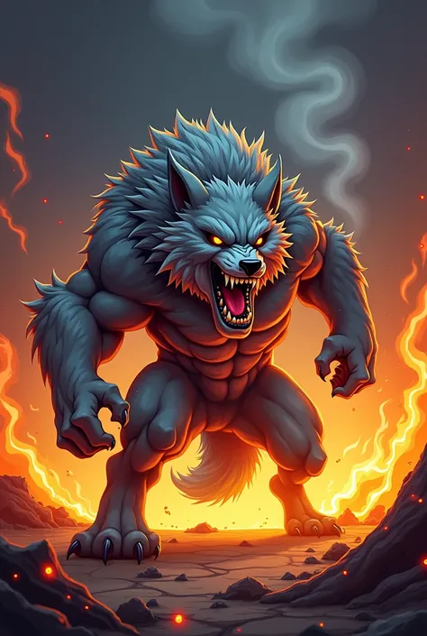 Make a cartoon image of furious wolf with fire flames