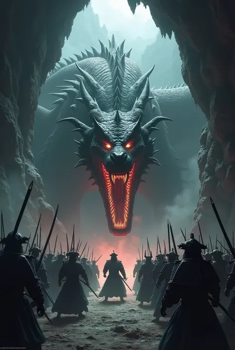 A vecious dragon in the middle a cave mouth surrounded by an amry of samurais welding their katana swords