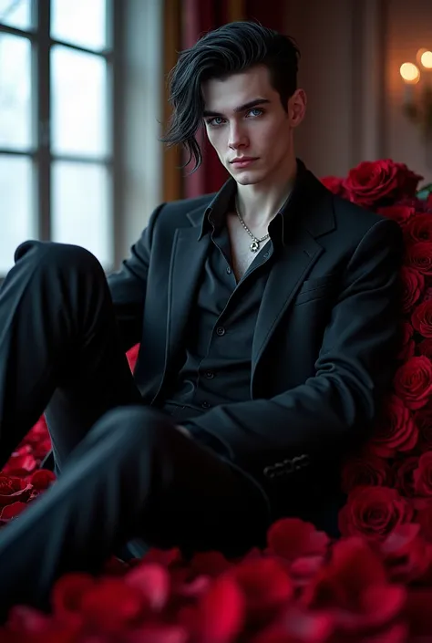 bold, cunning, insane,  mysterious , charismatic vampire guy ,  night-black hair , fashionable haircut, crystal blue eyes , завораживающий temptationяющий insane взгляд, Smiles madly ,  light smooth pale skin , full-length audacity ,  sensuality , temptati...