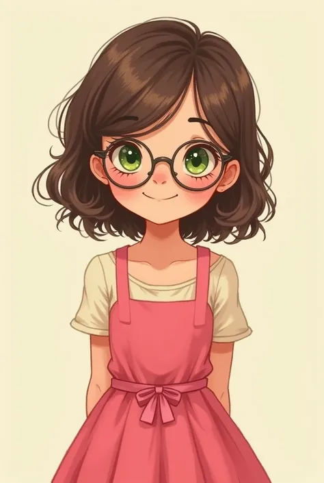  An image in a large format a cute character with green eyes, glasses, brown hair and pink dress .