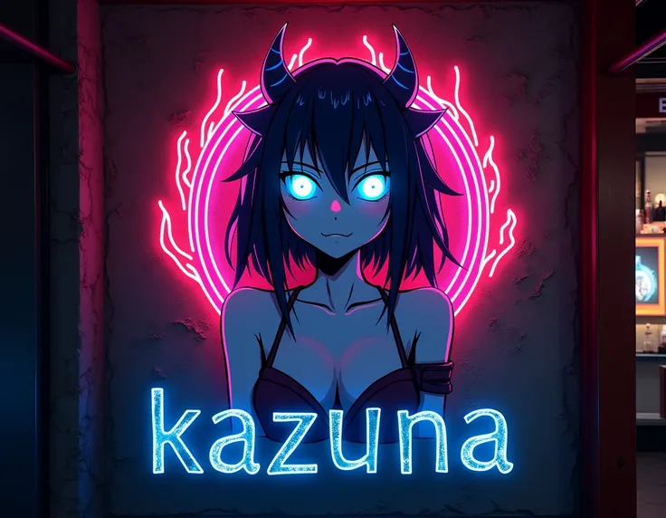 Inscription "Kazuna"et dun logo dune fille démon au style animé avec des yeux bleu azur en lumière néon et de flamme sur un mur de bar.