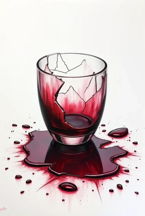  Drawing as done by a , of a broken glass with wine  