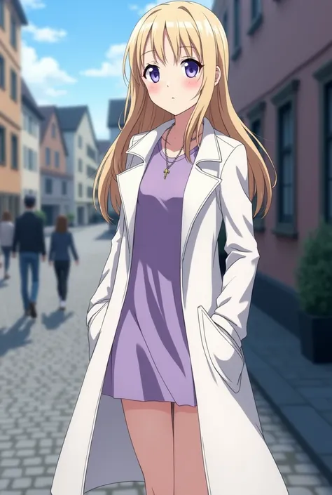 twenty year old Italian girl ,  with slightly long light blonde straight hair, purplish blue eyes ,  white skin and slightly reddish lips ,  similar to Isaku Senagaki ,  with a short lilac dress up to the thighs ,  overzise style long coat in white , close...