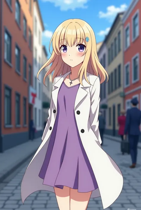 twenty year old Italian girl ,  with slightly long light blonde straight hair, purplish blue eyes ,  white skin and slightly reddish lips ,  similar to Isaku Senagaki ,  with a short lilac dress up to the thighs ,  overzise style long coat in white , close...