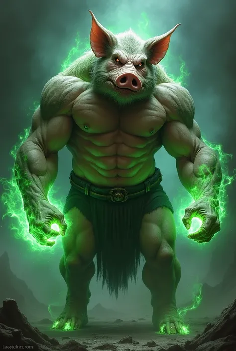 Remake the first image with more muscles and green fire coming out of your hands and green smoke coming out of your nose and a angrier and scarier pigs face 