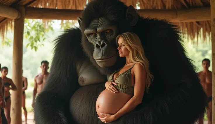 beautiful pregnant girl with big belly, big breasts, wearing brown clothes, blonde hair, carrying flowers, hugging tightly with a giant monkey weighing 500 tons, atmosphere in a hut, watched by many people, high quality images, with detail and accuracy