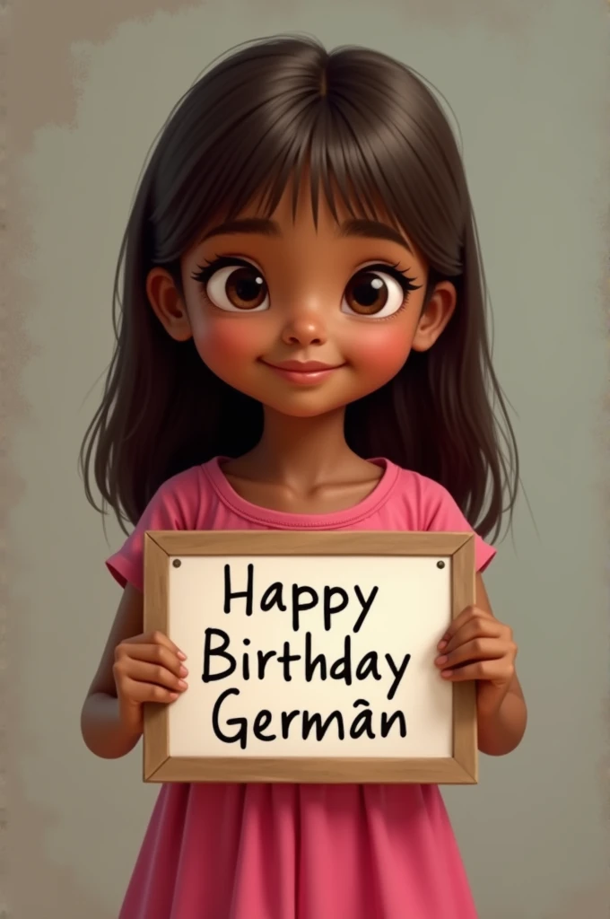  Create an image of a dark girl, brown eyes,straight brown hair  , pink dress  ,  holding a sign with the phrase  " Happy Birthday Germán "