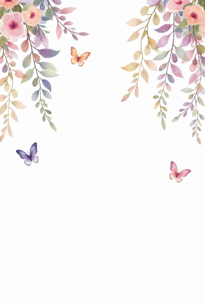 Delicate watercolor pattern featuring hanging floral branches with soft pastel-colored leaves and petals, interspersed with butterflies. The flowers and leaves are painted in soft hues of pink, lilac, blue, and green, while the butterflies appear in shades...