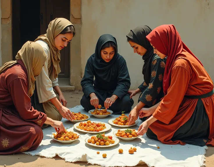 5 kurdish women is making food for their family they all wearing traditional kurdish clothes and they have beautiful hair blonde hair and black also brown and in the background there’s a white sheet on the ground and they are putting plates on it and prepa...