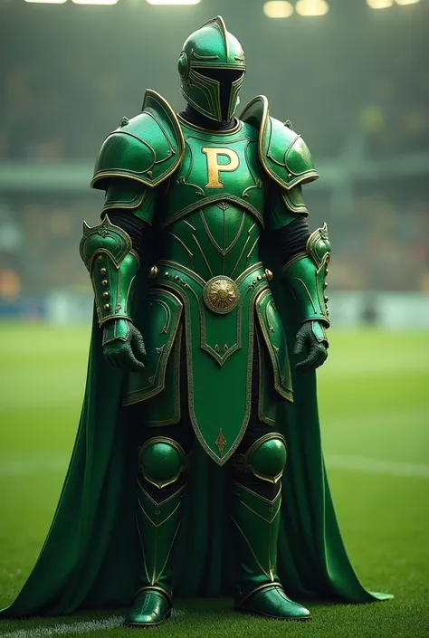 Place the green armor with the letter P on the chest and a soccer field in the background