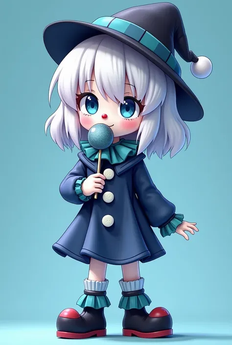 Clown with white hair and black highlights with blue eyes white skin clown nose color cyan blue black skirt boot in cyan blue and the other in black cyan blue blouse with white buttons on the front plaid clown hat in cyan and black clown lollipop in color ...