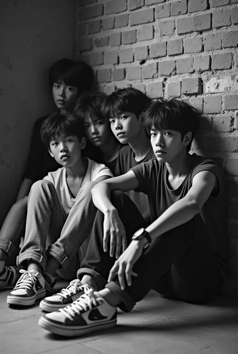 Scene with 5 asian boys teenagers, dresses with jeans, T-shirts and sneakers, sitting on the floor and leaning against a brick wall. Their faces express indifference, Laziness and discontent. They resemble a rock&#39;n roll band. black and white photograph...