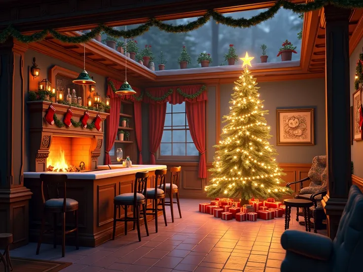 maison decoree pour Noelavec un bar avec cheminee et chaussettes avec sapin scintillant avec hotte remplie de cadeaux au pied style disney. 