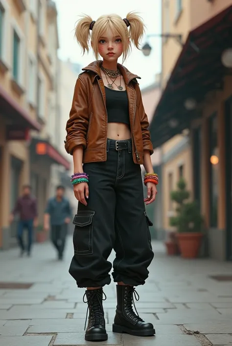  hania modern  :  short , blonde girl in pigtails and freckles,  who has a dress style  :  brown leather jacket ,   black baggy jeans and black ,leather, high boots and has colorful bracelets