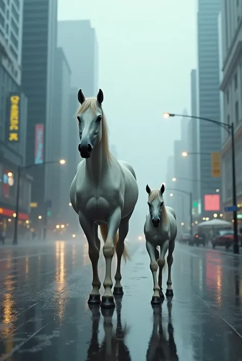 "A surreal scene in which an adult white horse and a foal walk down a modern street of a large city in the rain. Reflections of water on the ground are visible and the environment is urban, with tall skyscrapers and fog in the background "







