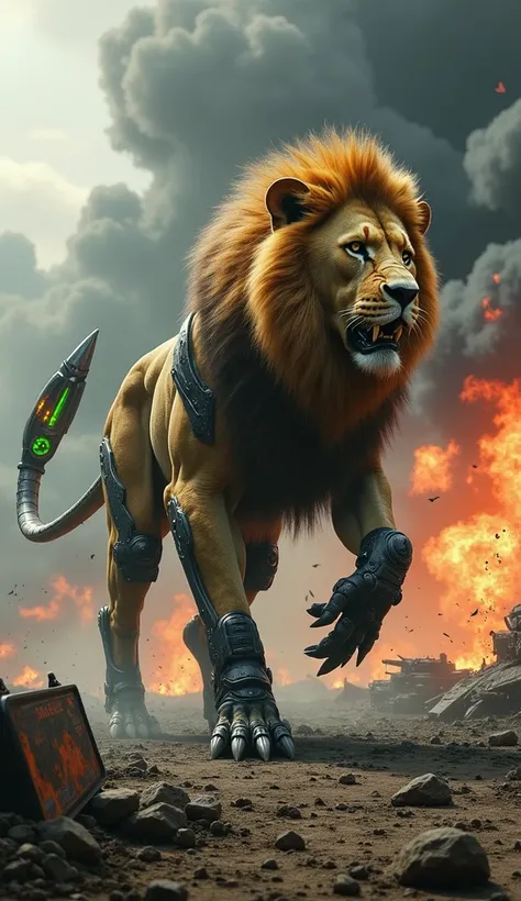 "A terrifying futuristic hybrid creature combining a lion and a scorpion, set in a chaotic, post-apocalyptic battlefield. The creature has the muscular, powerful body of a lion, with its golden fur darkened by soot and ash. Its face is a fusion of both ani...