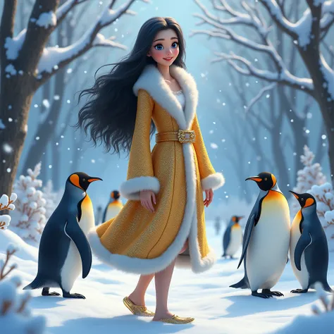  Animated style of a snowy forest ,  an enchanting and magical scene comes to life .  A woman of dazzling beauty stands as a symbol of grace and elegance .  Their European features stand out with delicacy :  her pale skin shines like the snow that surround...