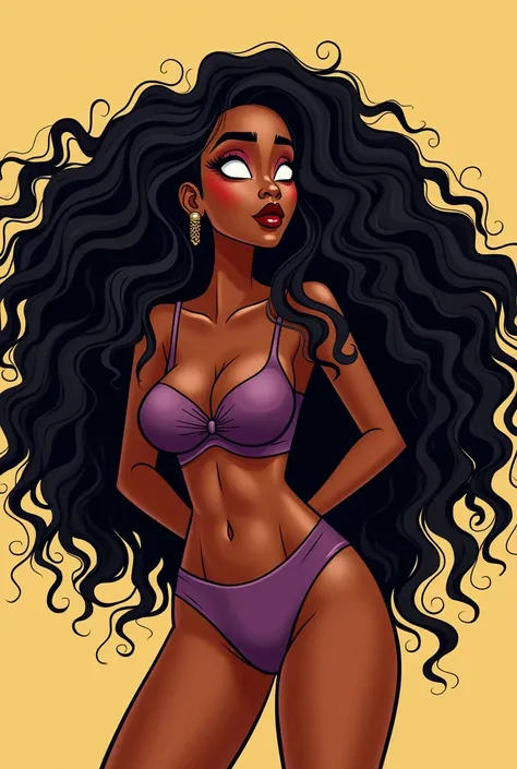 pretty black woman,  long curly hair , Morphology XXL large , style cartoon 