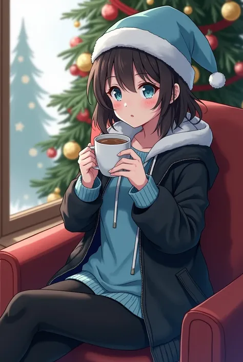  you can make an 18-year-old girl , white skin ,  dark brown hair and waist length ,  sky blue eyes, light blue flannel ,  black jacket ,  black pants , Christmas hat in light blue color , who is sitting next to a Christmas tree and is drinking coffee.  an...