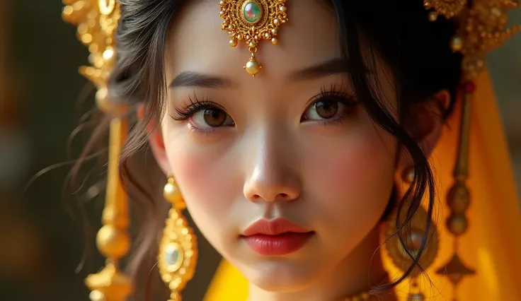 1girl, beautiful detailed eyes, beautiful detailed lips, extremely detailed face, longeyelashes, exquisite jewelry, intricate golden ornaments, glowing gemstones, ornate myanmar kyats currency, extremely detailed textures, photorealistic, 8k, high resoluti...