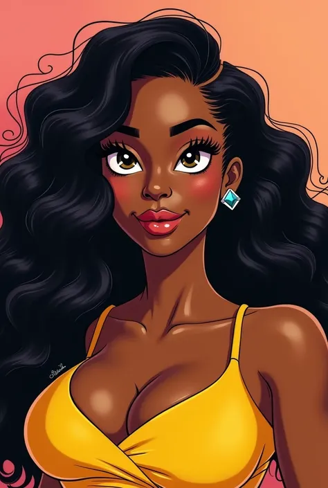 Jolie Femme noire, cheveux long bouclé, morphologie xxl grosse plus size , style portrait cartoon comme les simpson