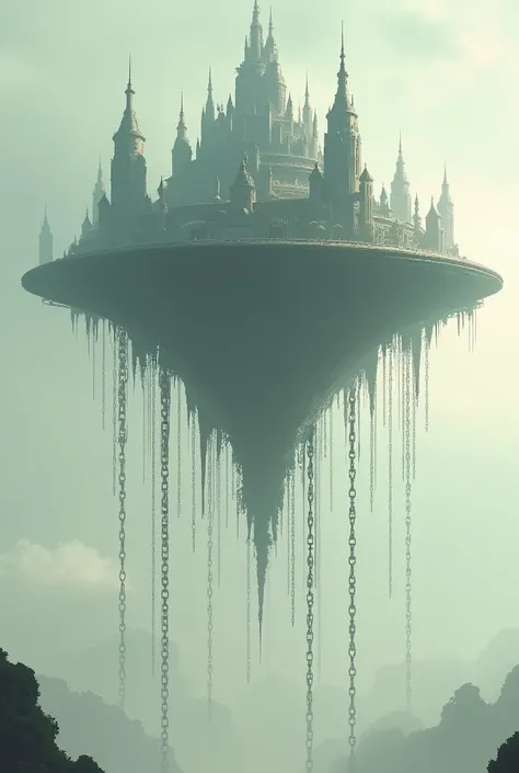 a flying city with chains hanging below серый 