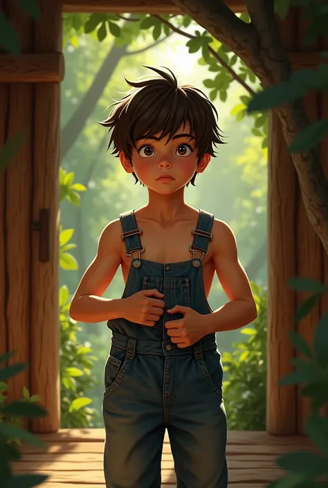 a shirtless boy putting on overalls in the treehouse