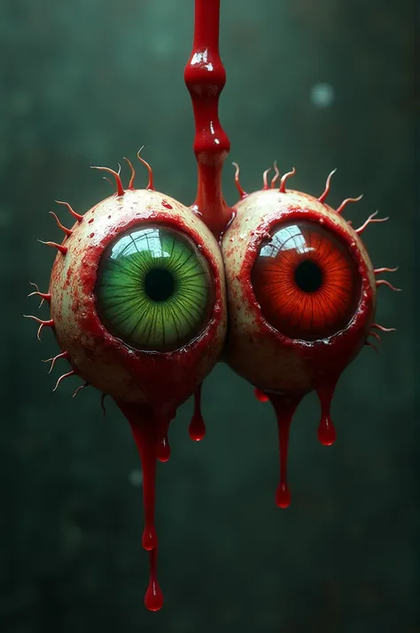 A green eye and a red eye torn out joined by a blood vein 