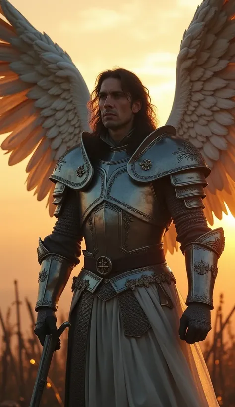 "A noble angel, with a human face, stands on a medieval battlefield at dawn. His face is wise, with sharp features and a calm expression, suggesting both strength and compassion. His long hair is dark, falling in loose waves around his shoulders. The angel...