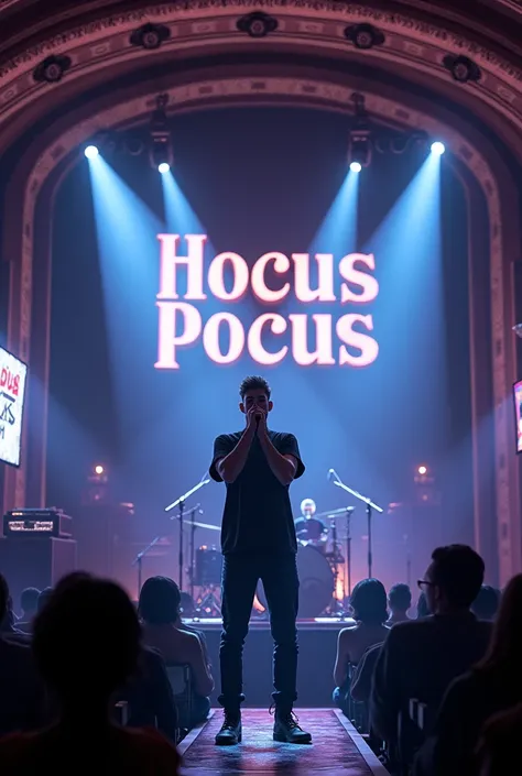  Ultra-realistic image of a concert venue with the name  (HOCUS POCUS)  with a stage and on the left side of the stage there is a KARAOKE Screen , There is a young man singing with a microphone in his hands  