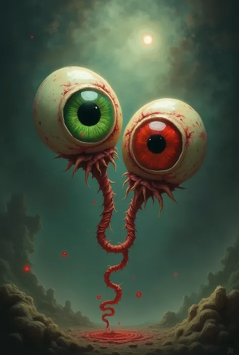 A green eye and a red eye torn out joined by a Umbilical cord  Separated Round