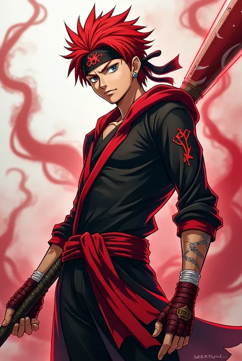 Design a One Piece-style character named Seki Kyo, a 16-year-old self-proclaimed ninja with blood control powers from the Chii Chii no Mi. Seki wears ninja-inspired attire in dark red and black, with medium-length crimson spiky hair, sharp eyes, and a sly ...