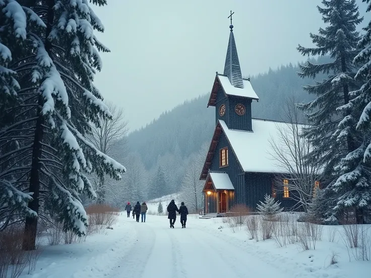  The bells of the village church could be heard in the valley . The snow was falling like big snowflakes .  Visitors
churches would go outside ,  heading home to all
destinations ,  so that families could celebrate Christmas later