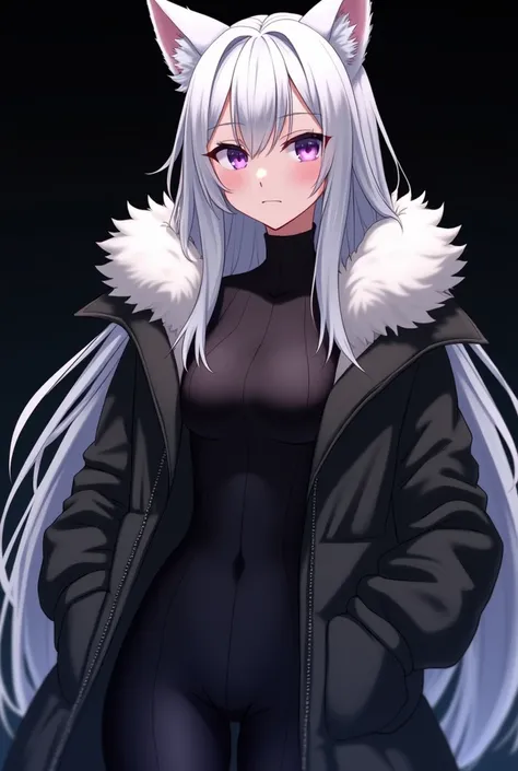 chica estilo anime, 20 years old, chest,  with wolf ears and long silver hair . Bright purple eyes .  He wears a black winter jacket with fluff around his neck,  a black sleeve dress blouse , sexy body and waist-length dress pants .  She has a serious unfr...