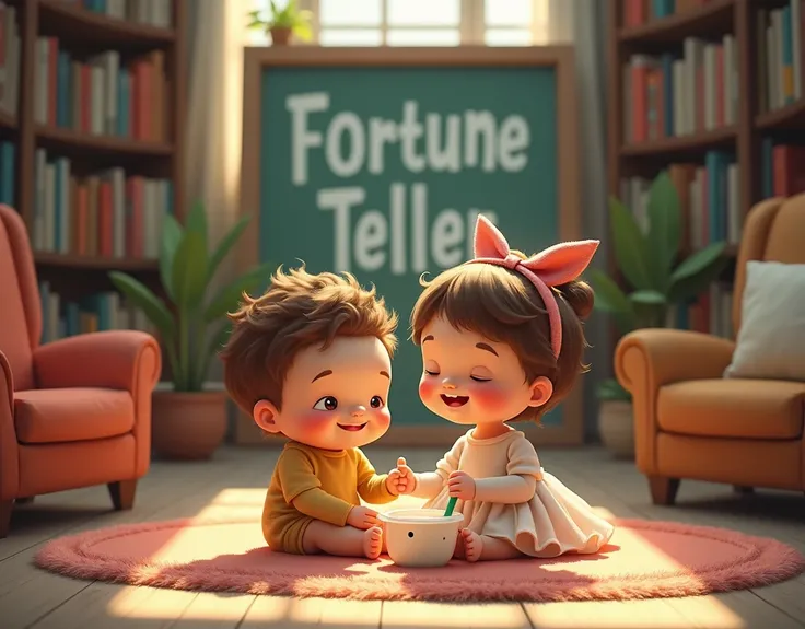 asian boy )  make a picture of a  girl in baby clothes,  and a boy of  is wearing baby clothes .  they are sitting in a reading room ,  in front of him there is a baby milk drink .  in the background there is a board with the words  " fortune teller ".