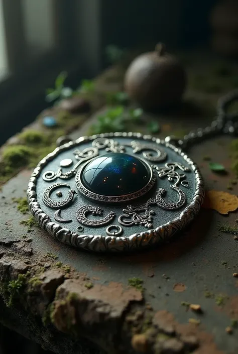 Create an image of an ancient magical artifact, a circular pendant or ring crafted from aged silver or gold, with intricate engraved symbols of serpents, moons, and runes. At its center, there is a dark opal or black quartz stone, which reflects subtle lig...