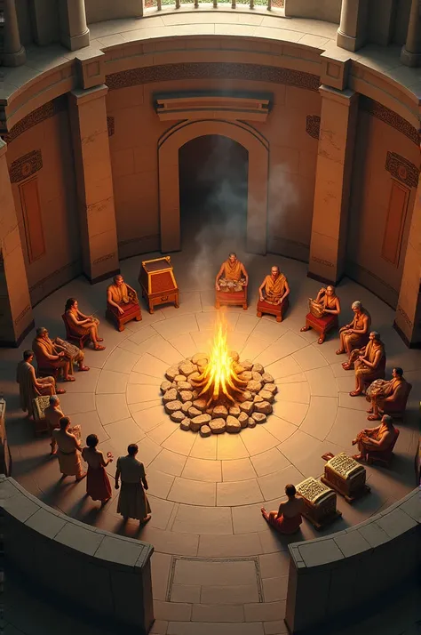  Ancient Greek house interior ,  large round room , small bonfire ,  strung animal skins ,  white wooden chests and gold details