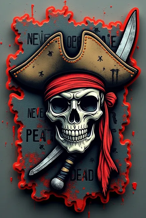  Airsoft patch with a pirate skull with hat,  replica and sword , Inscription Graffiti "Never Pirate Dead" 


