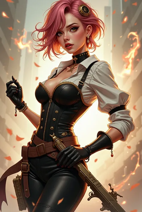 Une jeune femme au style steampunk et manga, capturée dans une pose dynamique avec un aspect cinétique, comme si elle était en mouvement ou en pleine action. Elle a des cheveux courts ondulés rose-rouge flottant légèrement autour de son visage, avec un reg...