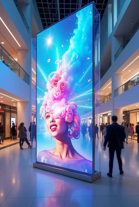 Transparent LED screen in a modern shopping mall, showing vibrant advertisements in 4K resolution