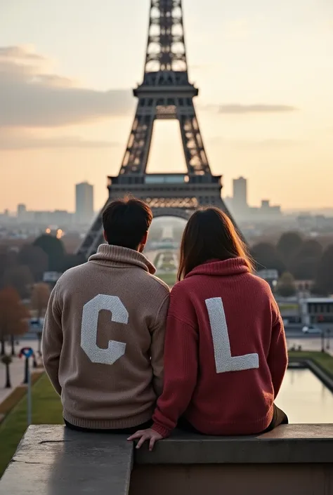  A photo of two lovers sitting on the edge of the Eiffel Tower wearing sweaters,  with letters written in large size on the back , for men Letter C and for women letter L 