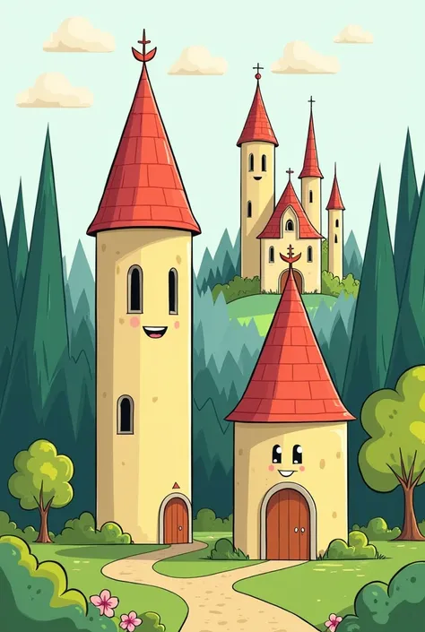 Draw a fairy tale :  cylinder separately and the cone also stand alone ( two different shapes )  in the background they have the eyes of an arm and a smiling ,  with a green forest of trees and a castle ,  in the background and other geometric shapes like ...