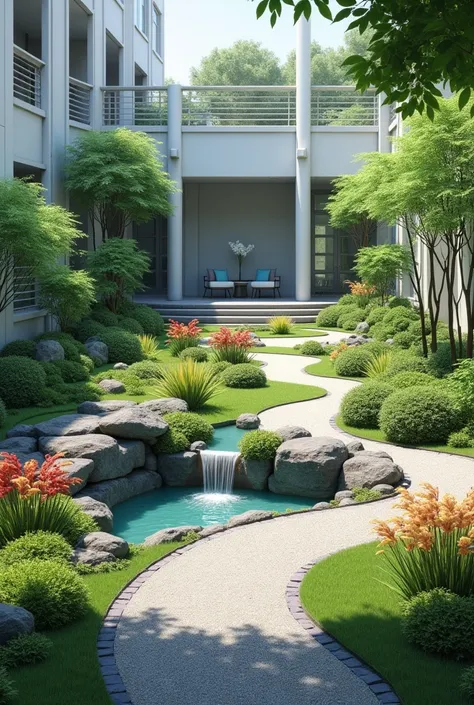 A meticulously landscaped courtyard garden with a small pond and waterfall feature.  The garden is situated within a light gray modern building with white pillars and large windows.   The composition is symmetrical, with various plants including bamboo, de...