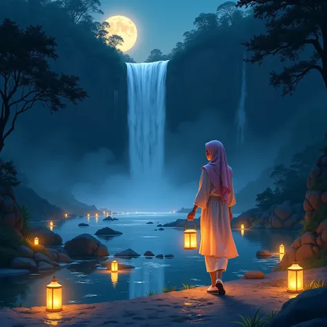 ((Best Quality, 8K, Masterpiece: 1.3)), Illustration of a river with a waterfall at night, with a Muslim woman with a modern hijab wearing a beautiful short dress while carrying a lantern and surrounded by lanterns whose light is only illuminated by the li...