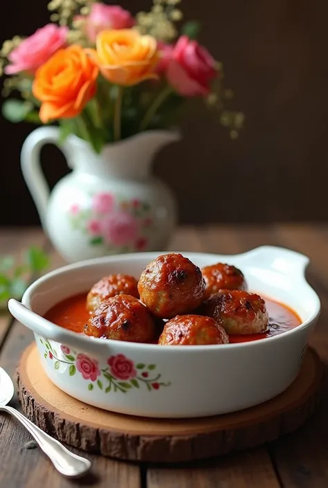  meat meatballs with sauce in a white porcelain ovenproof dish with rose designs,  on wooden table with spoon to serve in silver , Decorate in the background with flowers in a beautiful vase 