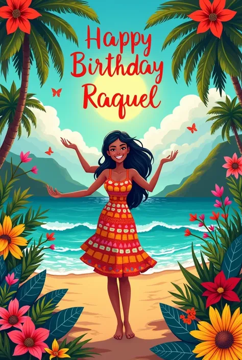  Create a card-style birthday notice that says : Happy birthday Raquel .  Decorated with typical elements of the Colombian coast 